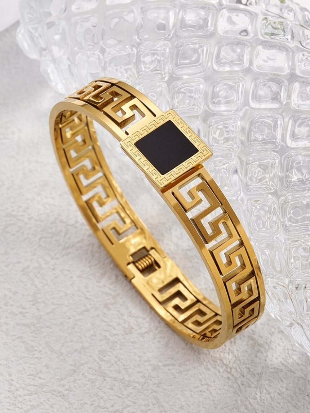 18k Gold Plated Stainless Steel Greek Key Black Enamel Bangle Bracelet Jewelry